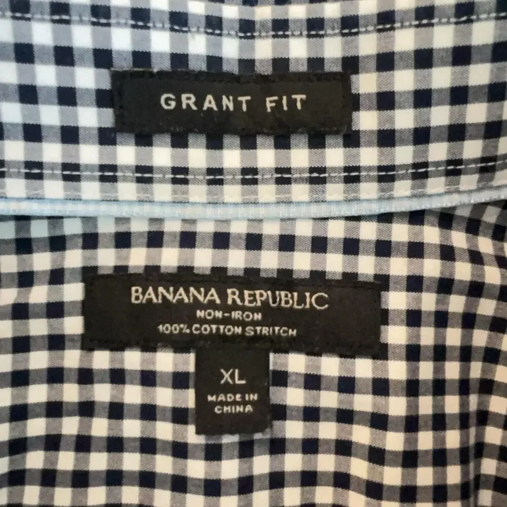 Banana Republic Grant Fit Shirt Mens Slim XL Blue Micro Gingham Non Iron Cotton
